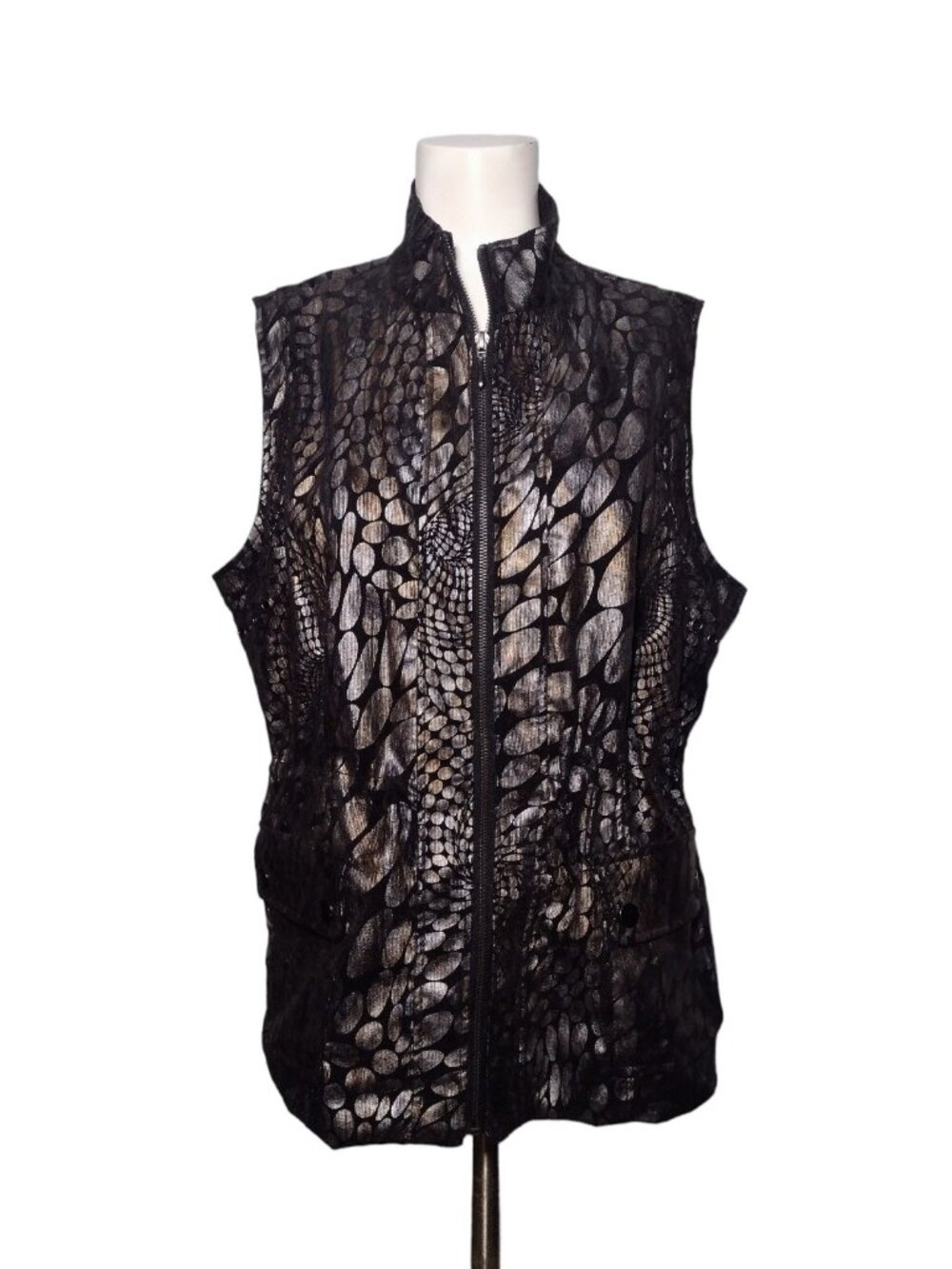 Erin London Full Zip Metallic Vest L Animal Snake Print Stretch Snap Pockets Vtg